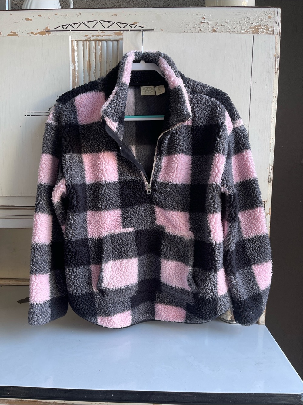 Half-Zip Sherpa Pullover in Pink and Black Buffalo Check